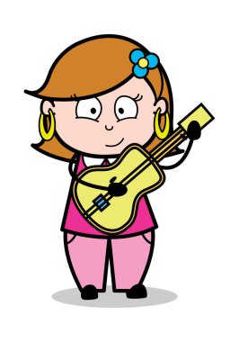 Gitar Çalma - Retro Karikatür Kadın Ev Hanımı Anne Vektör Illus