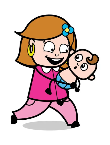 手で赤ちゃんを保持し、遊ぶ - レトロな漫画の女性ハウスウィ — ストックベクタ