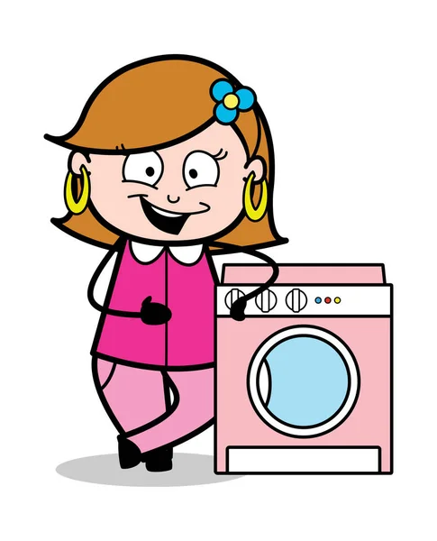 Saleswoman Presenting a Washing Machine - Retro Cartoon Female H - Stok Vektor