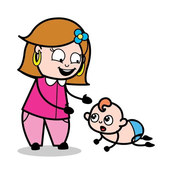 Madre jugando con el bebé - Dibujos animados retro ama de casa femenina mamá ve — Vector de stock