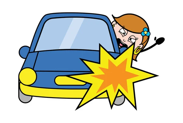 Car Accident - Retro Cartoon Female Housewife Mom Vector Illustr — Stock Vector