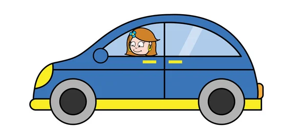 Una dama conduciendo un coche - Dibujos animados retro ama de casa femenina Mamá Vector — Archivo Imágenes Vectoriales