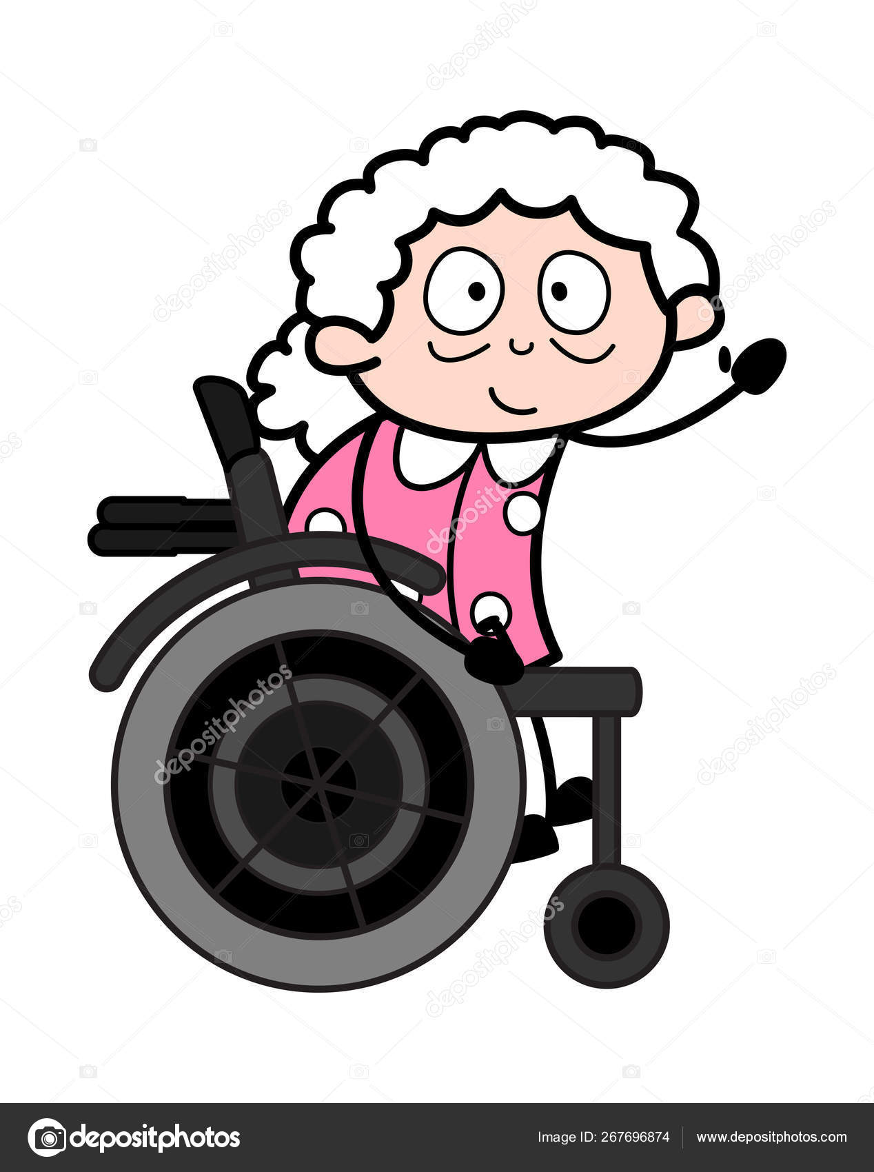 Sitting On Wheel Chair And Gesturing Hello Old Woman Cartoon G