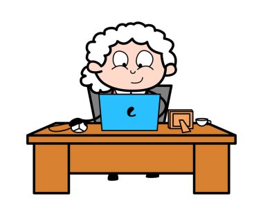 Laptop 'ta Çalışma Ofisi - Yaşlı Kadın Karikatür Büyükanne Vektörü 