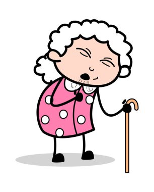 Öksürük - Old Woman Karikatür Granny Vektör İllüstrasyon