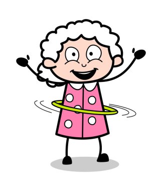 Hula-Hoop ile oynamak - Old Woman Cartoon Granny Vector Illustr