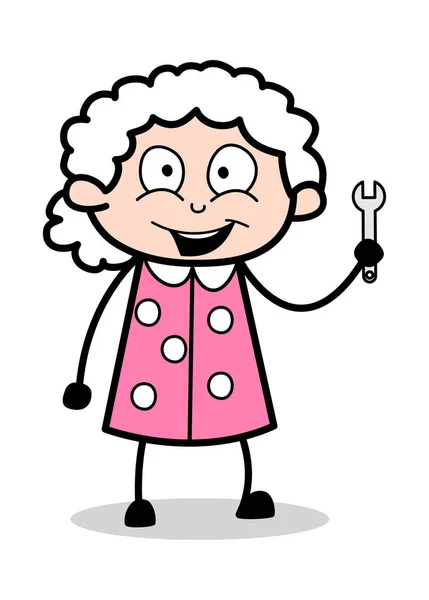 Wrench Aracı gösteren - Old Woman Karikatür Granny Vector Illustrati — Stok Vektör