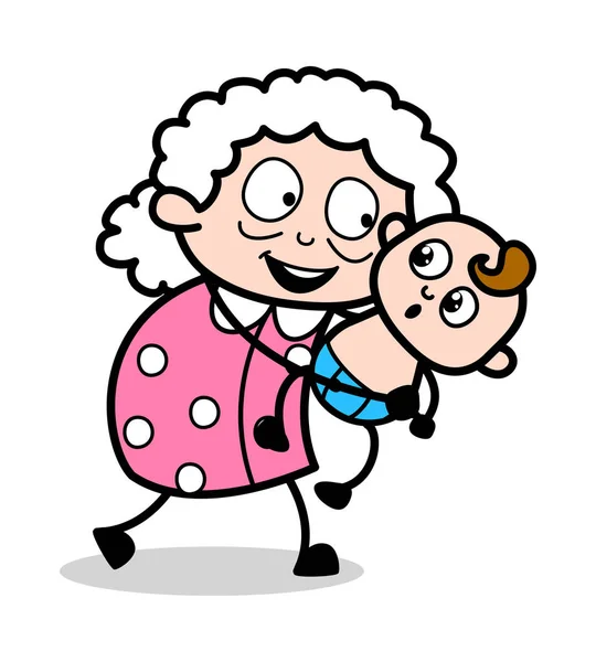 おばあちゃんは男の子と遊ぶ - 老婦人漫画おばあちゃんベクトル — ストックベクタ