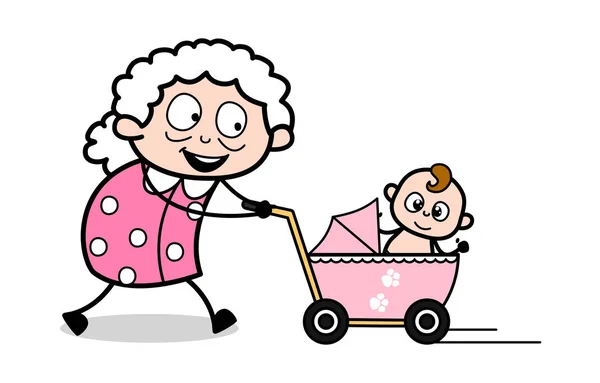 Oma am Morgen Spaziergang mit Baby - alte Frau Cartoon Oma vec — Stockvektor
