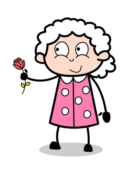 バラを提示する老婦人 - 老婦人漫画おばあちゃんベクトルイル — ストックベクタ