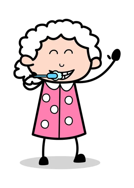 Limpieza de dientes - Anciana Dibujos Animados Abuela Vector Ilustración — Vector de stock