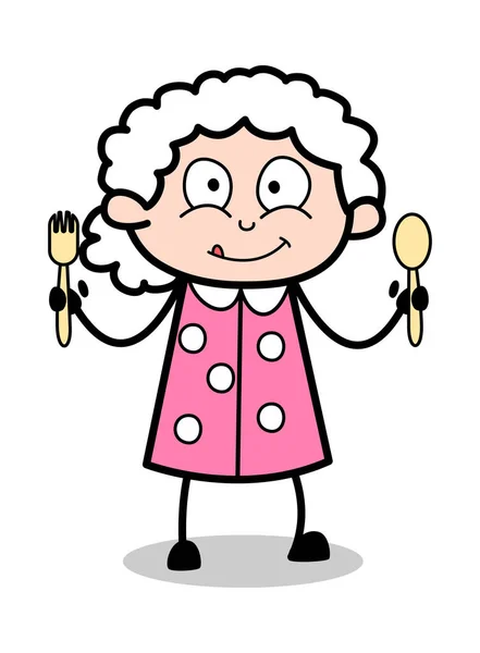 Showing Two Spoons - Old Woman Cartoon Granny Vector Illustratio — Stock Vector