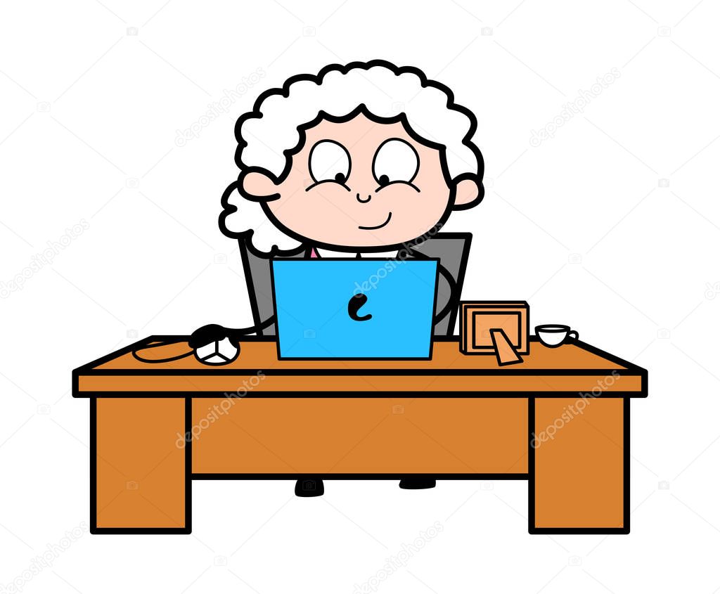 Working Office Work on Laptop - Old Woman Cartoon Granny Vector 