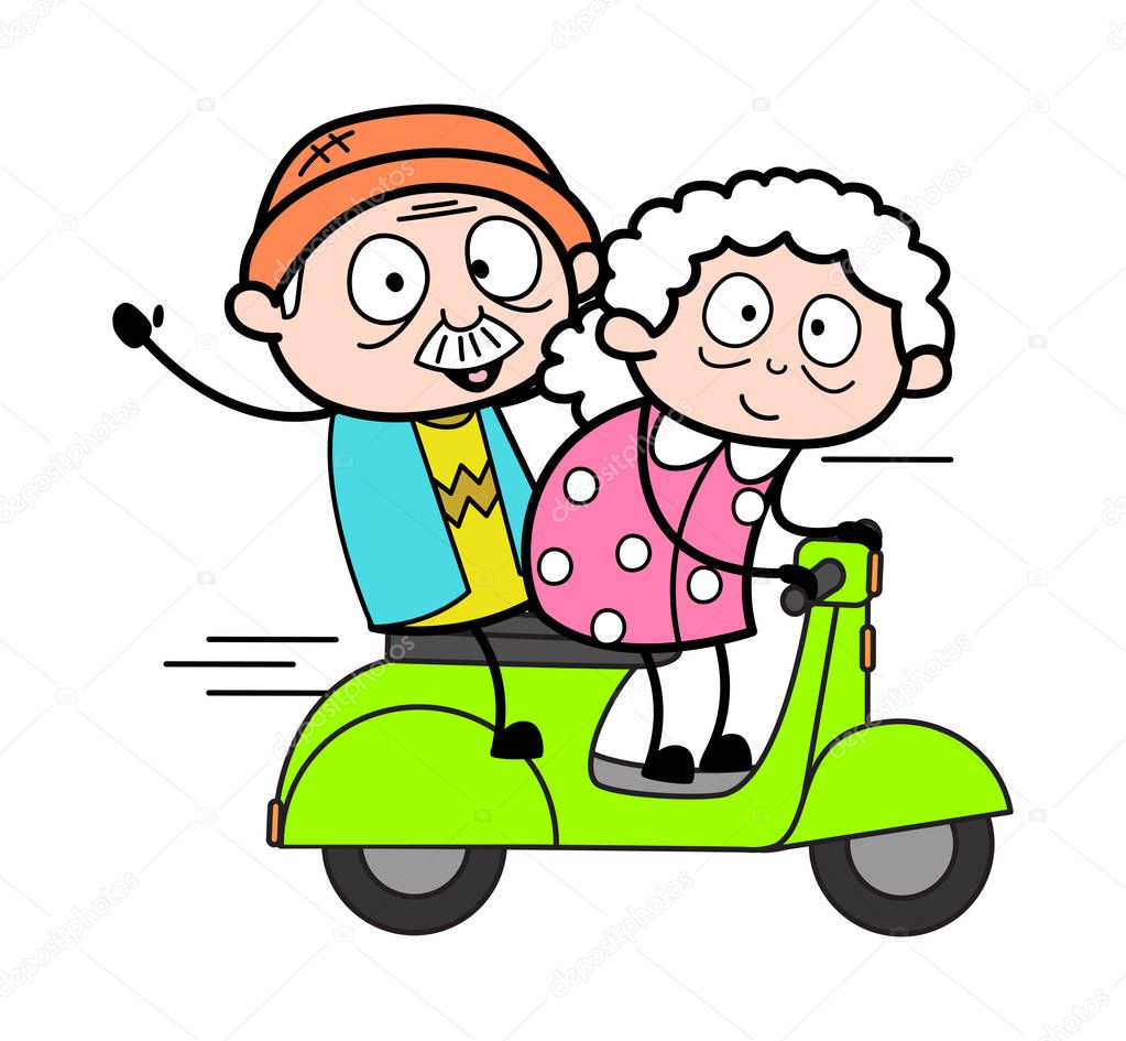 Travelling on Scooter - Old Woman Cartoon Granny Vector Illustra