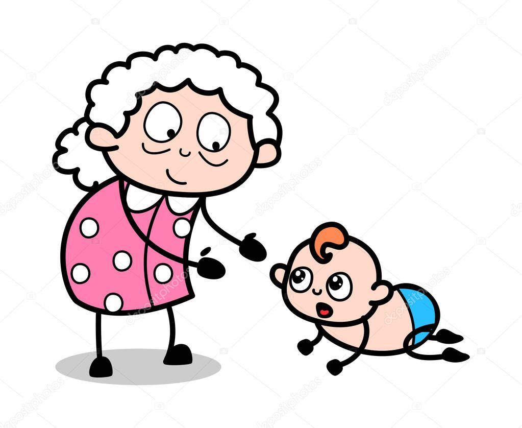 Playing with Crowling Baby - Old Woman Cartoon Granny Vector Ill