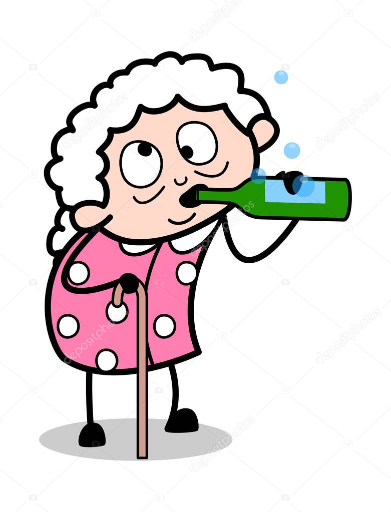 Drunk Old Lady - Old Woman Cartoon Granny Vector Illustration