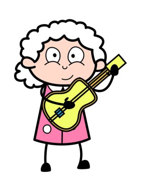 Gitar Çalma - Old Woman Karikatür Granny Vektör İllüstrasyon