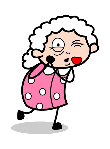 Blowing Kiss - Old Woman Cartoon Granny Vector Illustration — Stock Vector