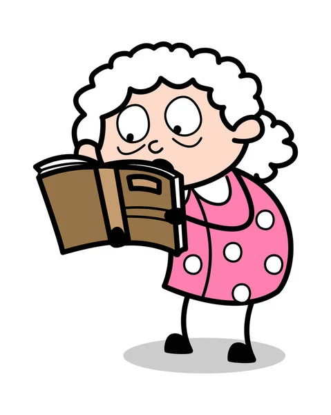 Lezing boek-oude vrouw cartoon oma vector illustratie — Stockvector