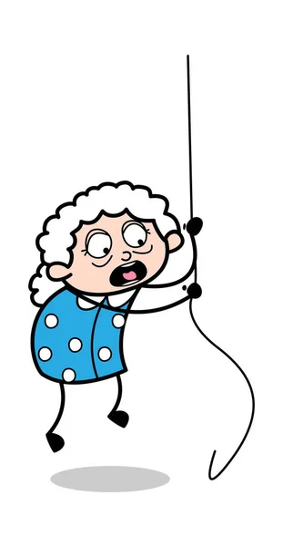ロープにぶら下がる - 老婦人漫画おばあちゃんベクトルイラスト — ストックベクタ
