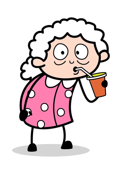 Drinking Energy Drink - Old Woman Cartoon Granny Vector Illustra — Stock Vector