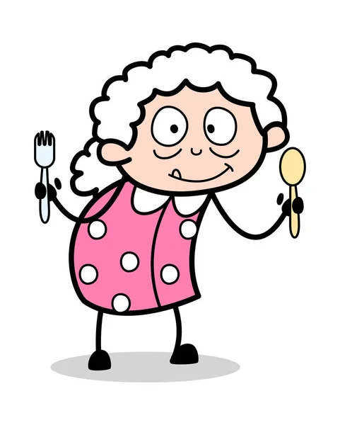 Mostrando colheres - Old Woman Cartoon Granny Vector Ilustração — Vetor de Stock