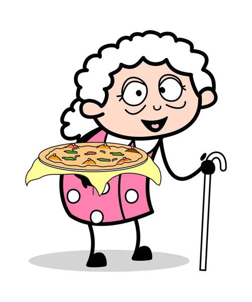 Presenting Pizza - Old Woman Cartoon Granny Vector Illustration — Stock Vector