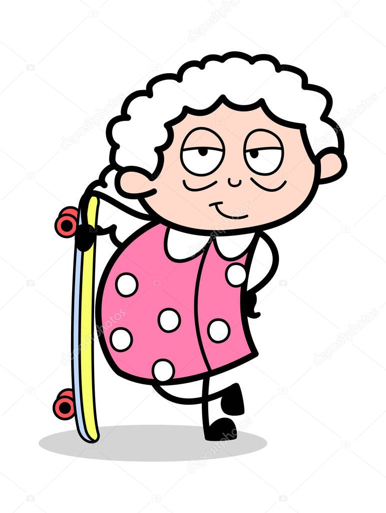 Standing with Skateboard - Old Woman Cartoon Granny Vector Illus