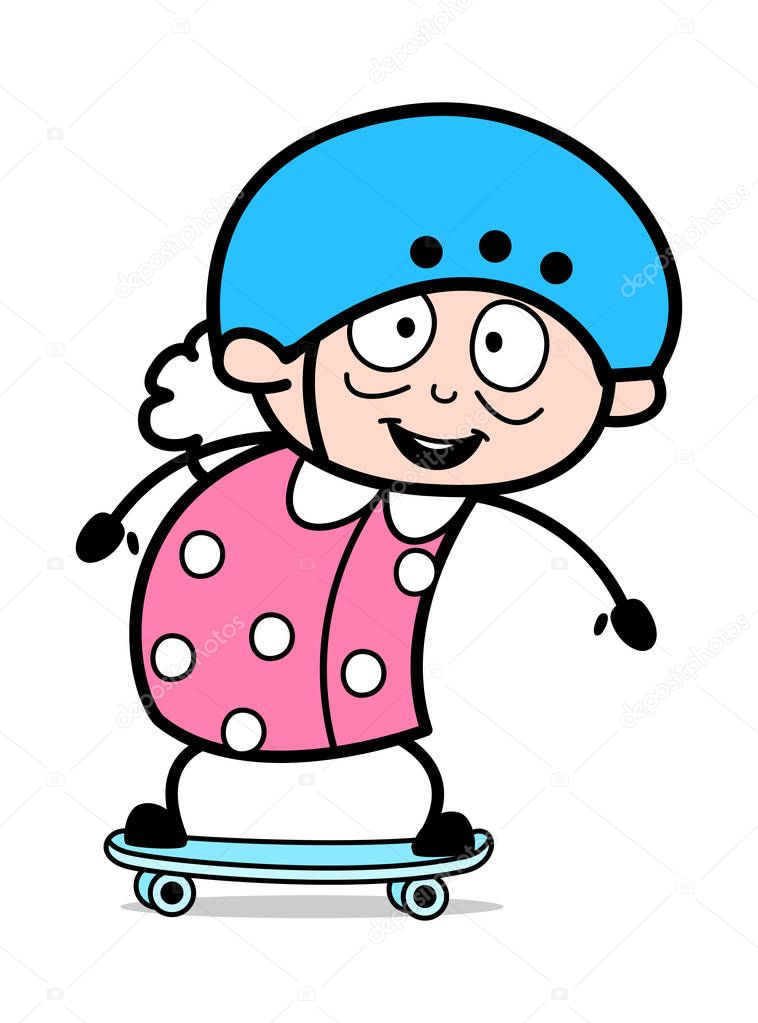 Running on Skateboard - Old Woman Cartoon Granny Vector Illustra