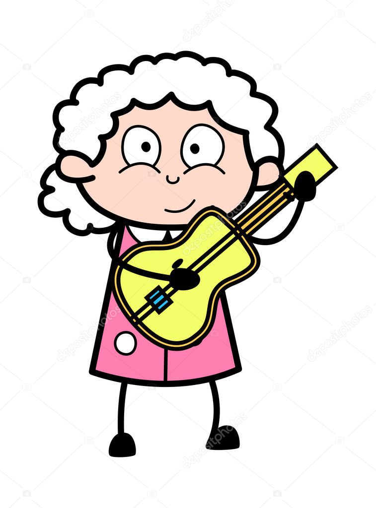 Playing Guitar - Old Woman Cartoon Granny Vector Illustration