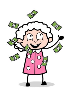 Yüzen Para Yakalamaya Çalışıyorum - Old Woman Karikatür Granny Vector