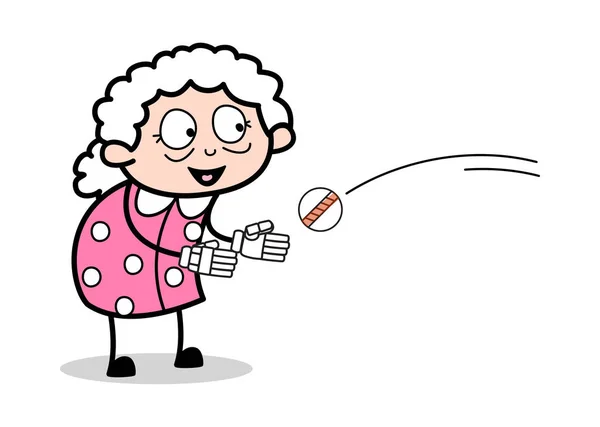 Versuch, einen Ball zu fangen - alte Frau Cartoon Oma Vektor illustr — Stockvektor