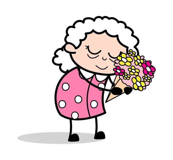 Presentando un Bouquet - Vecchia donna cartone animato Granny Vector Illustrat — Vettoriale Stock