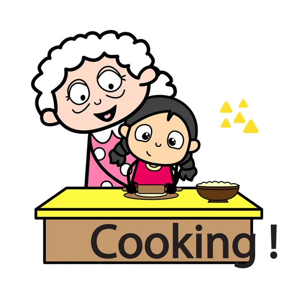 La enseñanza de la cocina - Anciana de dibujos animados Abuelita Vector Ilustración — Vector de stock