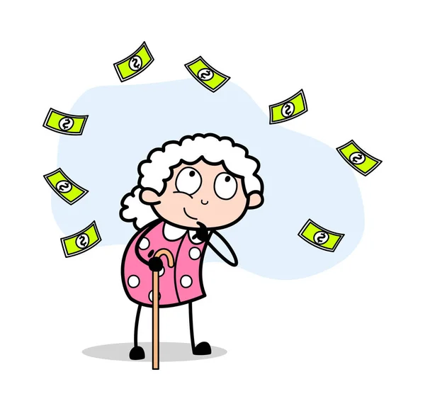 浮动钱 - 老妇人卡通奶奶矢量插图 — 图库矢量图片