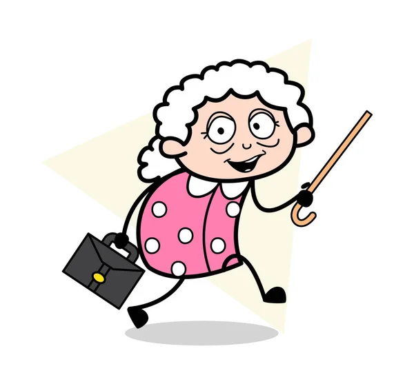 Ottenere in ritardo per l'ufficio - Vecchia donna cartone animato Granny Vector Illust — Vettoriale Stock
