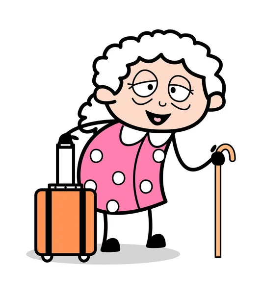 La celebración de una bolsa de equipaje - Anciana de dibujos animados Granny Vector Illustra — Vector de stock