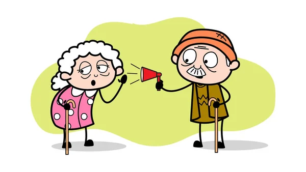 Conversando com Loudhailer - Mulher velha Cartoon Granny Vector Illust —  Vetores de Stock