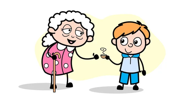 Unokája giving tea az ő nagymama-öregasszony Cartoon Granny ve — Stock Vector