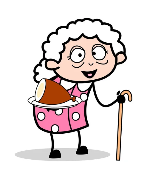 Apresentando comida não-veg - Old Woman Cartoon Granny Vector Illust —  Vetores de Stock
