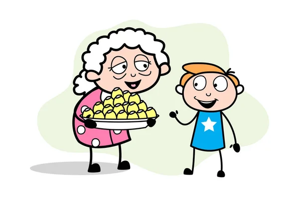 Apresentando doces - Old Woman Cartoon Granny Vector Ilustração —  Vetores de Stock