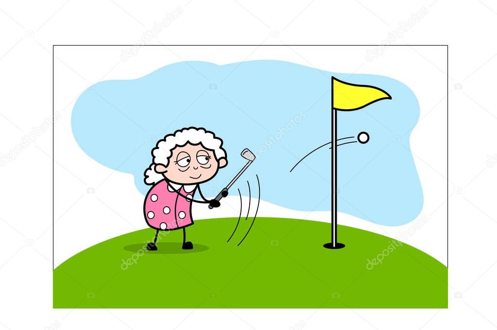 Targetting and Playing Golf - Old Woman Cartoon Granny Vector Il