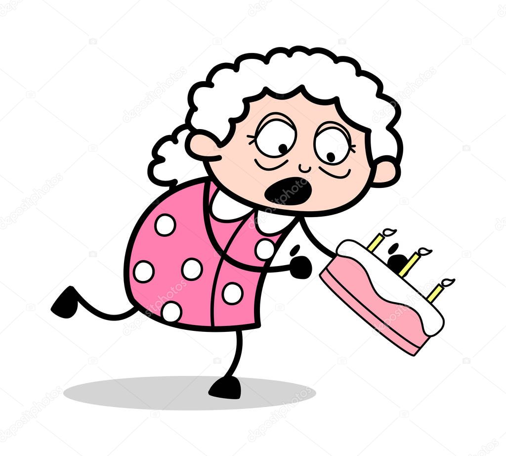 Cake Fall Down from Hand - Old Woman Cartoon Granny Vector Illus
