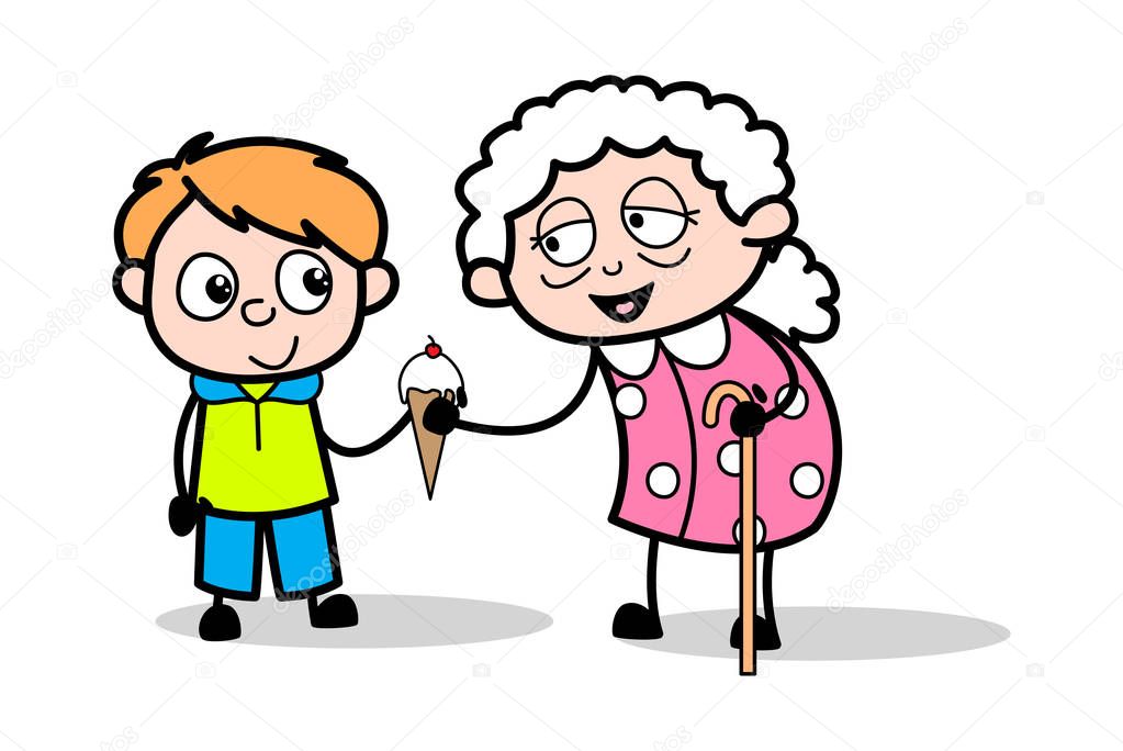 Giving Ice-Cream to Her Grandson - Old Woman Cartoon Granny Vect