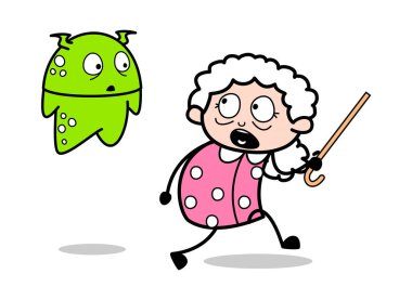 Bir Alien korkuyor Old Lady - Old Woman Karikatür Granny Vektör I