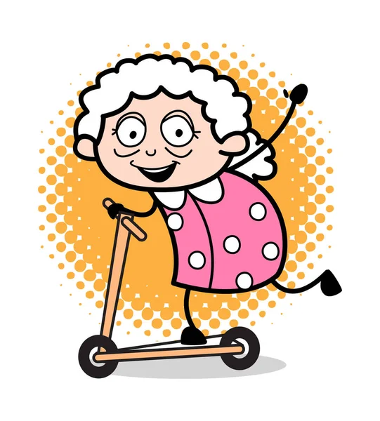 Spelen met scooter-oude vrouw cartoon oma vector illustrat — Stockvector