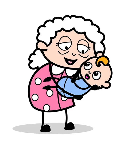 Old Lady Bebek ile oynuyor - Old Woman Karikatür Granny Vector Ill — Stok Vektör