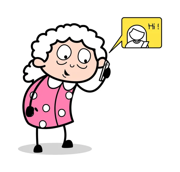 Parler avec un ami sur appel - Old Woman Cartoon Granny Vector Il — Image vectorielle