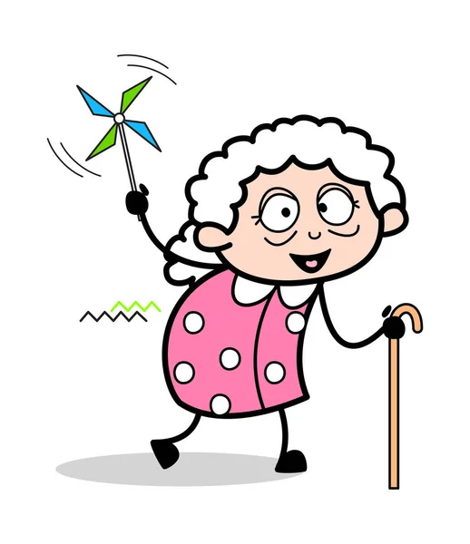 Játszó Wheel Fan-idős nő Cartoon Granny Vector Illustr — Stock Vector