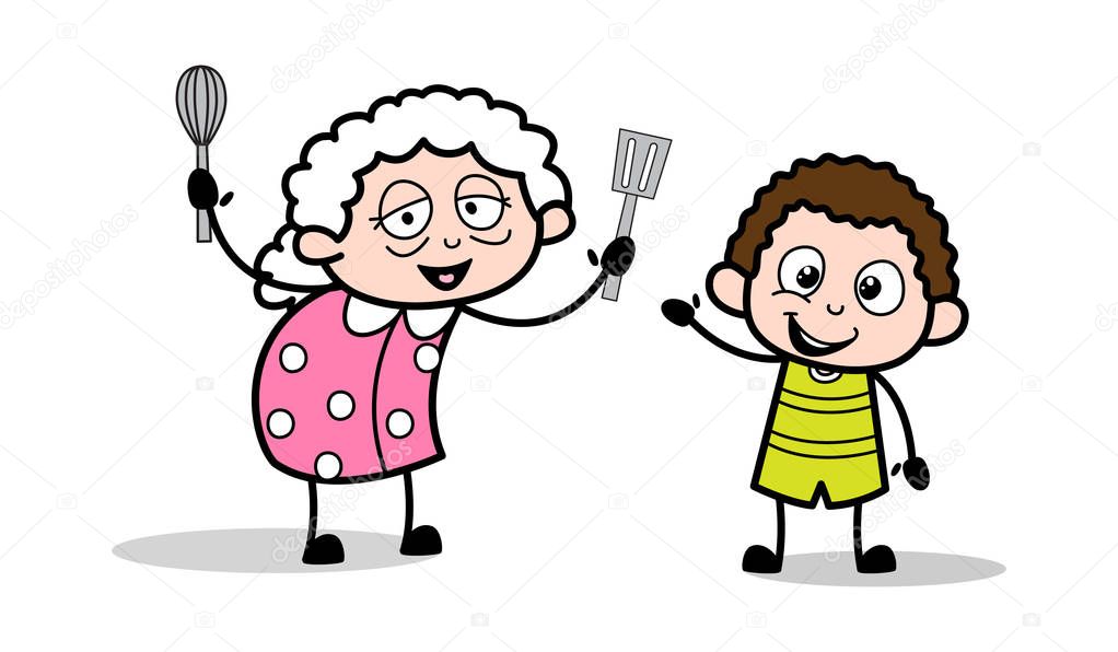 Grandma Playing with Grandson - Old Woman Cartoon Granny Vector 